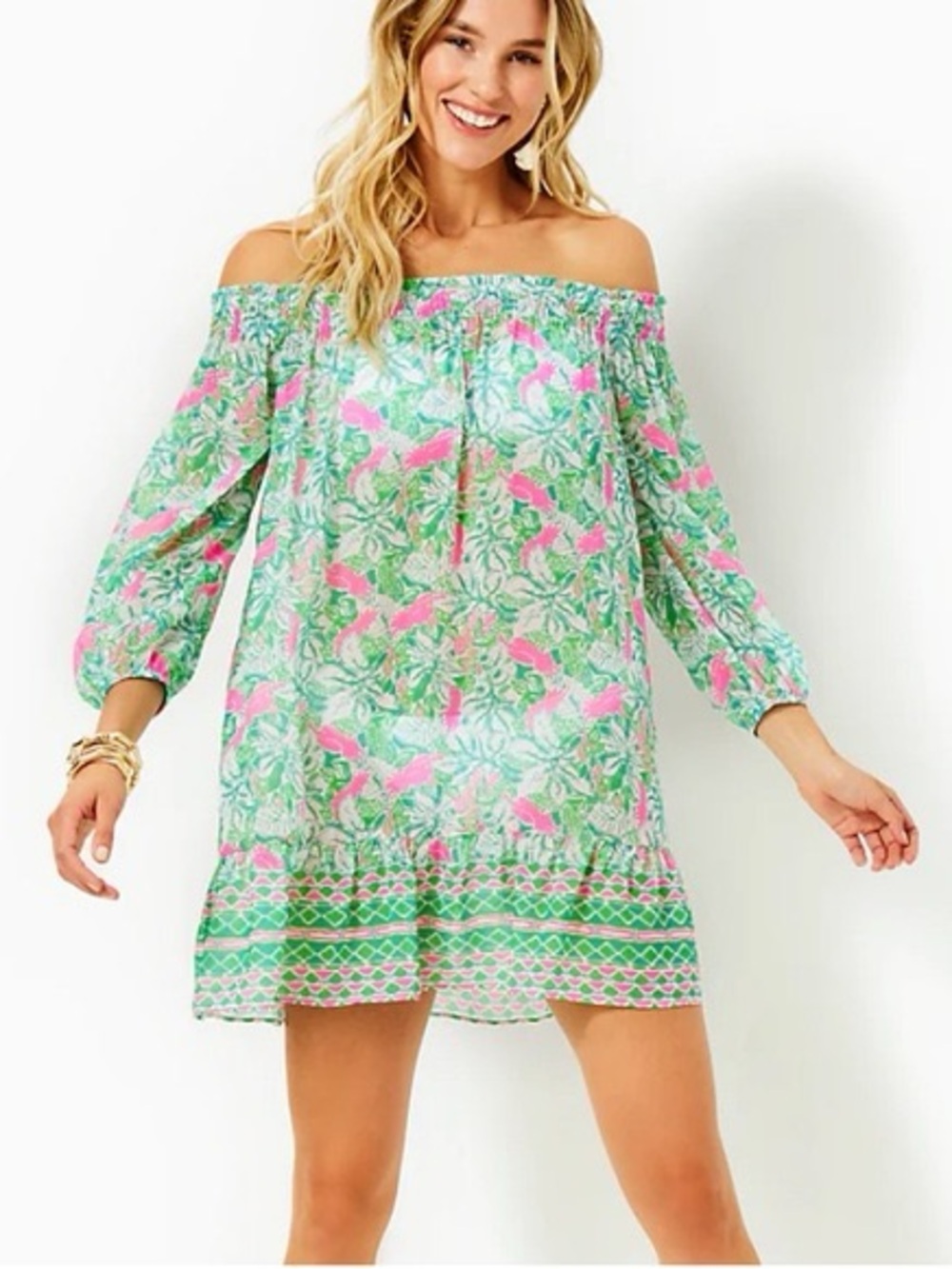 Lilly Pulitzer Pink and Green Off-Shoulder Floral Dress - Picture 2 of 6